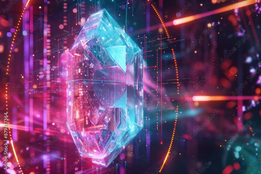 A crystalline structure suspended in mid-air, with glowing data streams and holographic interfaces encircling it. A crystalline structure suspended in mid-air, with glowing data streams and holographic interfaces encircling it.
