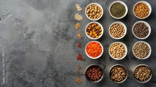 Varieties of cat food arranged in bowls on a grey surface with empty area for text