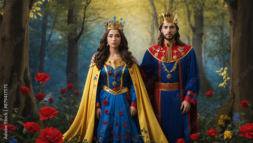Naklejka premium A king and queen, wearing golden crowns and blue robes, stand in a forest with red and yellow flowers.