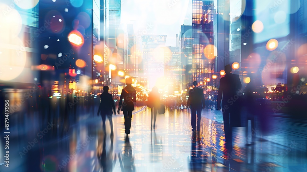 Urban Globalization: Abstract Blurred Cityscape with Business People Silhouettes Urban Globalization: Abstract Blurred Cityscape with Business People Silhouettes