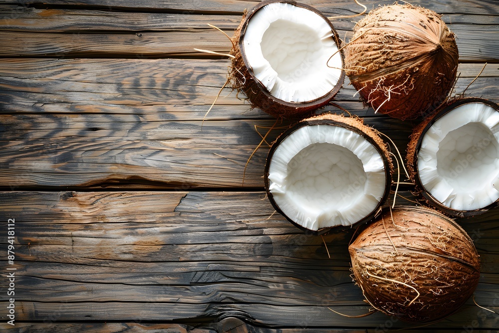Freshly Cracked Coconuts on Rustic Wooden Table Freshly Cracked Coconuts on Rustic Wooden Table