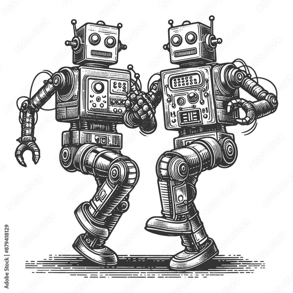 Dancing Robots With Detailed Line Work Capturing A Whimsical And Dancing Robots With Detailed Line Work Capturing A Whimsical And