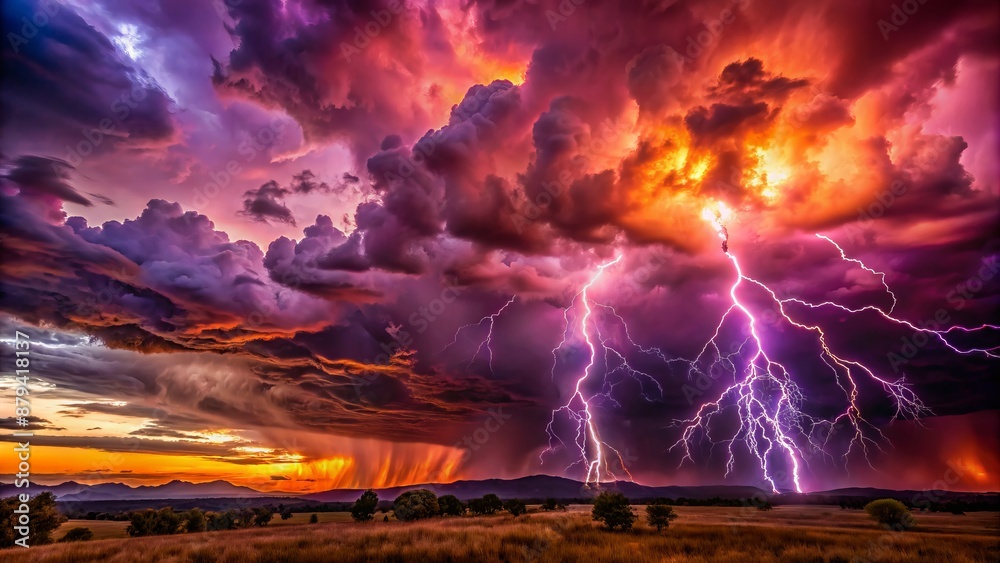 Dramatic apocalyptic landscape featuring intense purple and reddish clouds with flashes of lightning illuminating the turbulent evening sky.