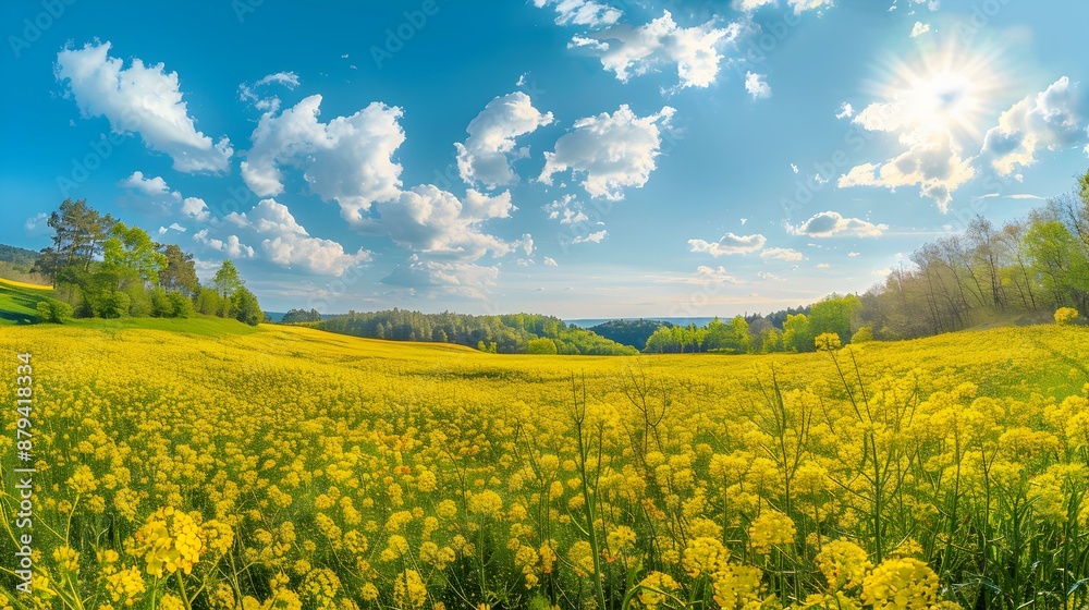 Obraz premium Fields of blooming rapeseed bright yellow flowers cover picture