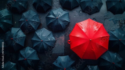 Red Umbrella Among Black Umbrellas in Rain