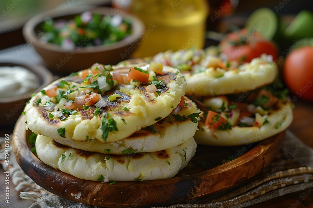 Freshly Baked Flatbreads Topped with Chopped Vegetables and Herbs Freshly Baked Flatbreads Topped with Chopped Vegetables and Herbs