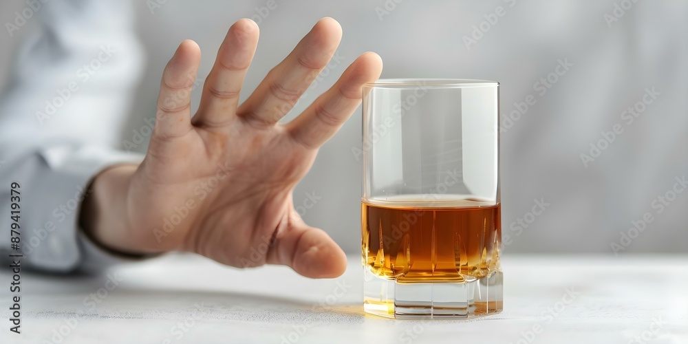 Refusing a glass of whiskey as part of alcoholism treatment. Concept Alcohol Refusal, Sobriety Journey, Treatment Choices, Recovery Lifestyle, Addiction Support Refusing a glass of whiskey as part of alcoholism treatment. Concept Alcohol Refusal, Sobriety Journey, Treatment Choices, Recovery Lifestyle, Addiction Support