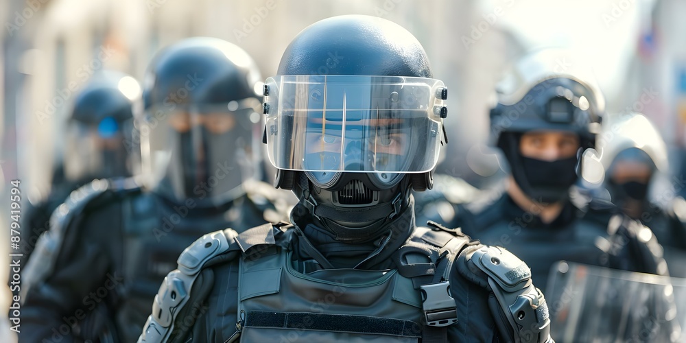 Riot police officers in full gear ensuring public safety during a protest. Concept Police response, Civil unrest, Protest safety, Law enforcement presence, Public safety Riot police officers in full gear ensuring public safety during a protest. Concept Police response, Civil unrest, Protest safety, Law enforcement presence, Public safety