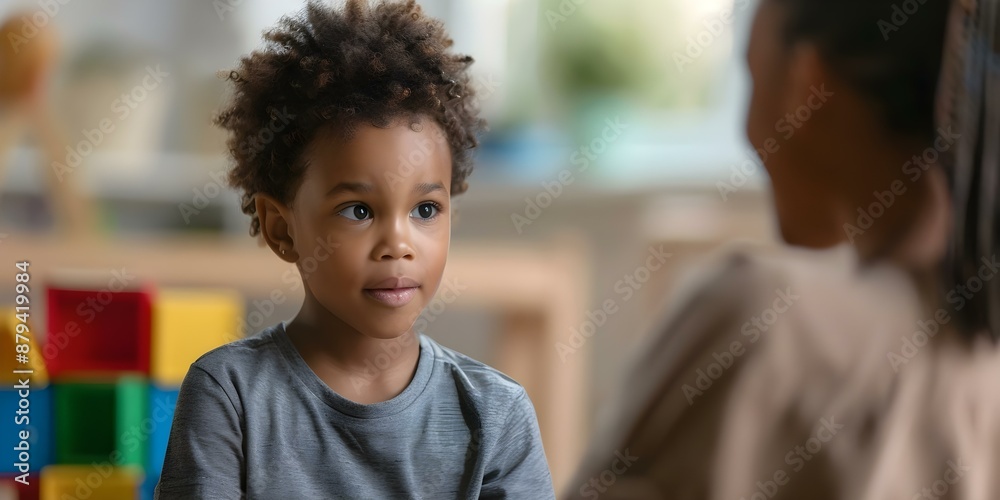 Teacher having a conversation with an African American student in a Montessori school surrounded by colorful blocks. Concept Montessori School, Teacher-Student Interaction, Cultural Diversity Teacher having a conversation with an African American student in a Montessori school surrounded by colorful blocks. Concept Montessori School, Teacher-Student Interaction, Cultural Diversity