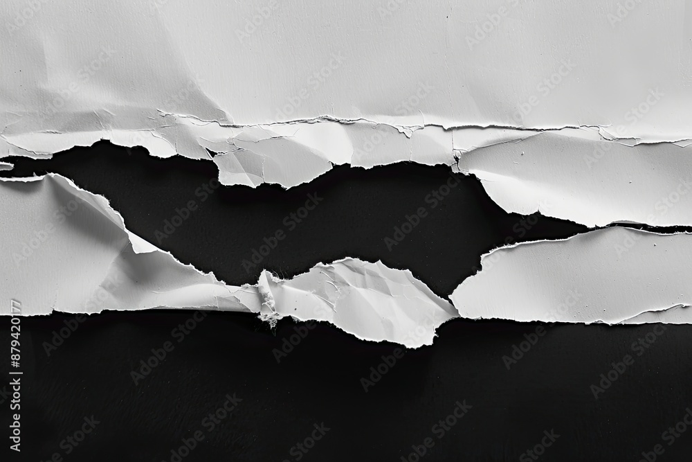 Black and white torn paper with rough edges revealing dark background ...