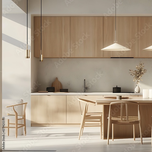 Contemporary wooden dining room and kitchen