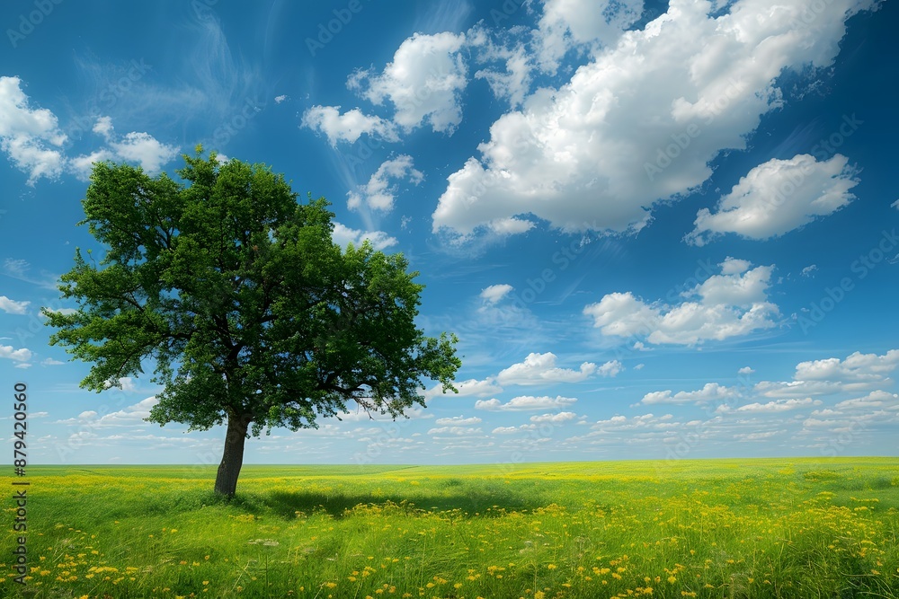 Lone Tree in a Vast Green Field Under a Blue Sky with Fluffy Clouds Lone Tree in a Vast Green Field Under a Blue Sky with Fluffy Clouds