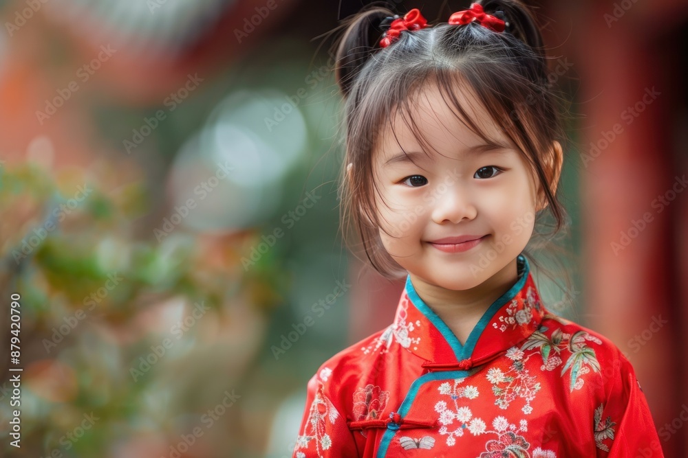 Young girl wearing traditional chinese dress smiling at temple during lunar new year celebration Young girl wearing traditional chinese dress smiling at temple during lunar new year celebration