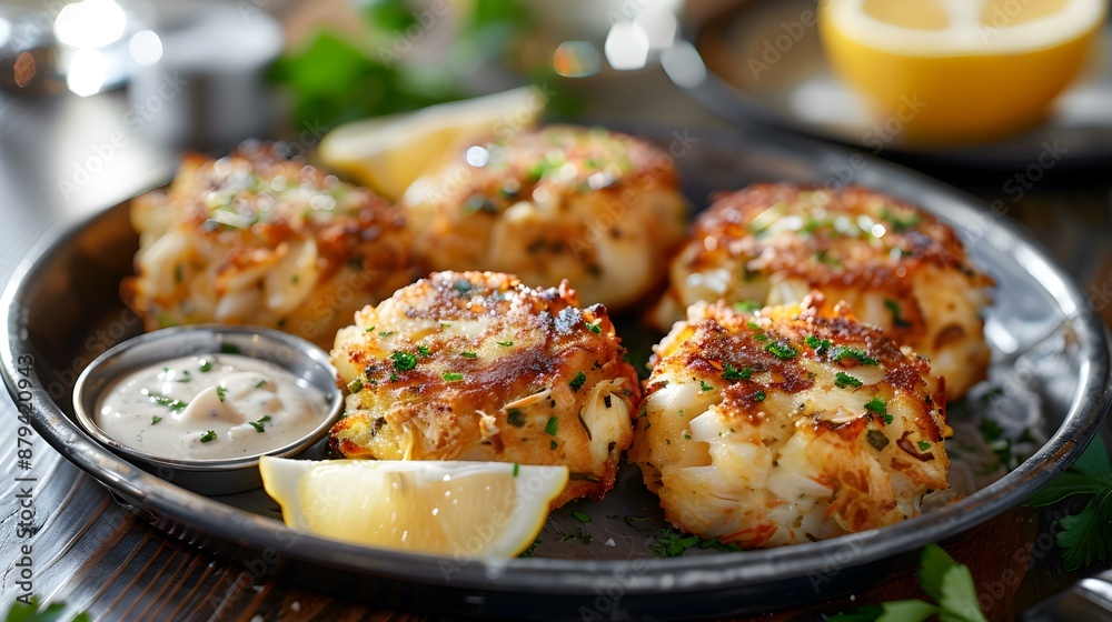 The crab cakes are golden and crispy image The crab cakes are golden and crispy image