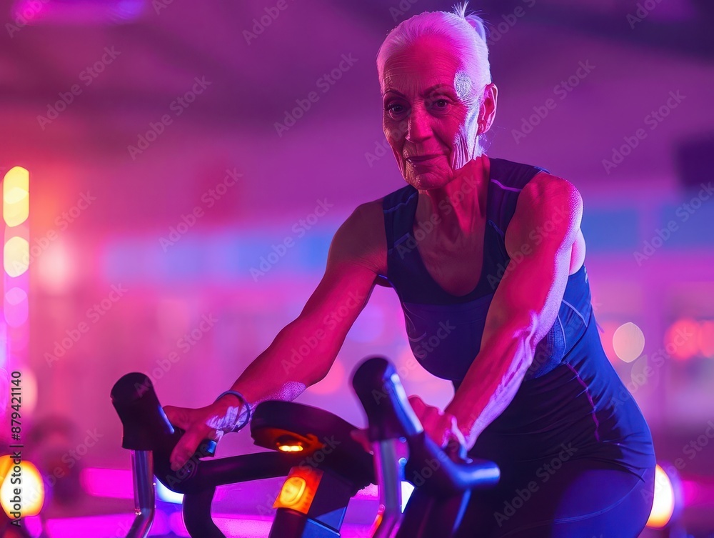 active senior lifestyle energetic older woman on exercise bike group fitness class bright gym setting