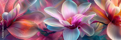The floral background is vibrant and multicolored, with surreal petals in vivid hues, creating a beautiful design