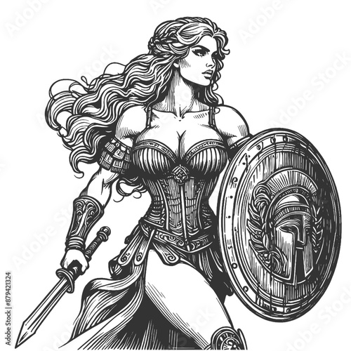 Gladiator fierce warrior woman holding a sword and shield, strength and determination in a detailed, vintage style sketch engraving generative ai vector illustration. Black and white image.