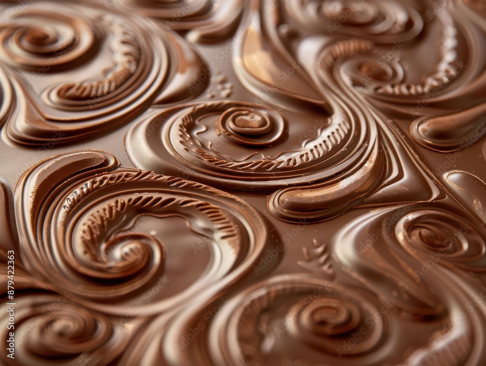 artisanal chocolate swirls rich velvety texture glossy surface intricate patterns warm brown tones artisanal chocolate swirls rich velvety texture glossy surface intricate patterns warm brown tones