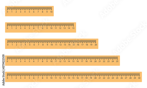 Set of plastic yellow rulers 10, 15, 20, 25 and 30 centimeters. Measuring tool for work and study.  Vector illustration. Isolated