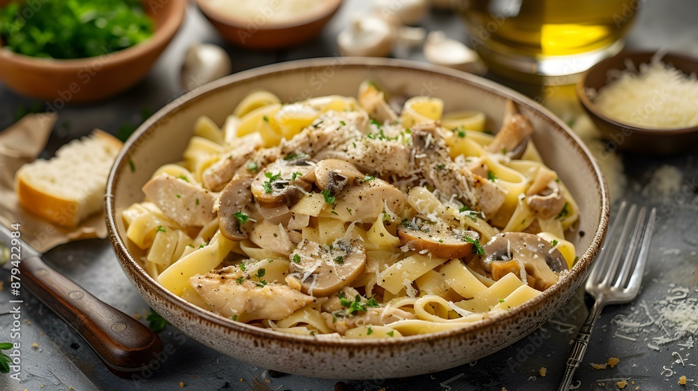 Chicken and mushroom pasta tender pieces of pasta image