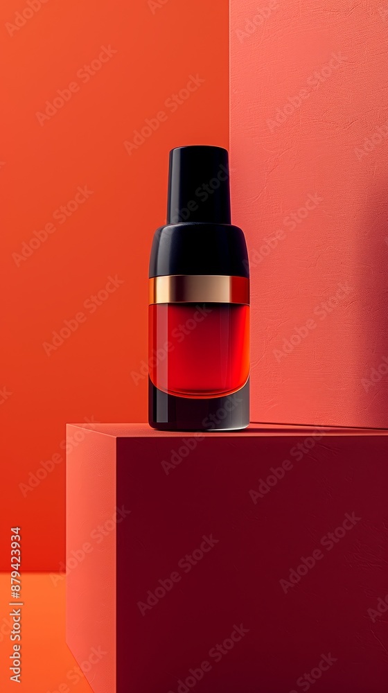 A bottle of red nail polish sits on a red surface A bottle of red nail polish sits on a red surface