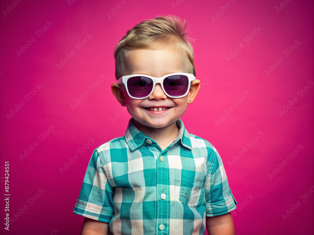 Adorable cartoon illustration of a smiling little boy with trendy sunglasses standing alone on a bright pink background, exuding a fun and playful kid's personality. Adorable cartoon illustration of a smiling little boy with trendy sunglasses standing alone on a bright pink background, exuding a fun and playful kid's personality.