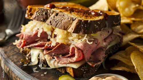 The reuben sandwich is juicy and savory image