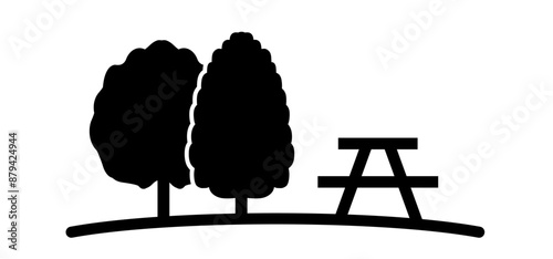 Trees, picnic table or bbq concept. Line pattern. Forest icon. Wood, timber. Trees and leaf. Vacation, holiday logo. Walking area. Nature reserve sign.