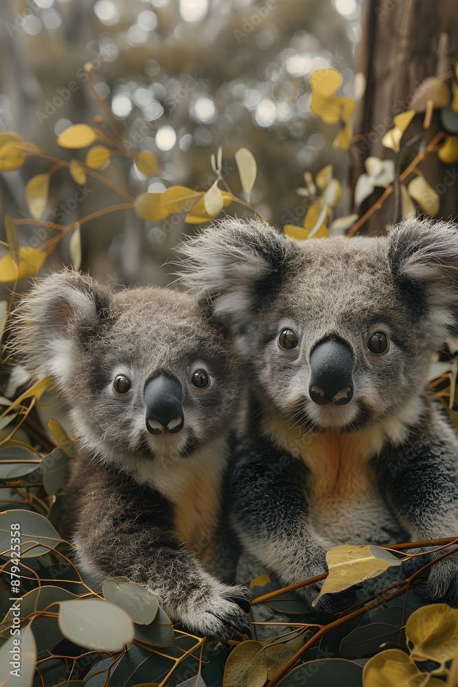 Fototapeta premium Curious Koala Joey and Baby Wombat Exploring Side by Side in Muted Earth Toned Digital Collage