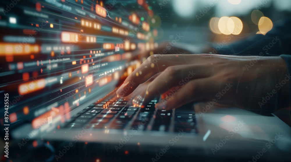 Person Typing on Laptop with Digital Code Overlay Person Typing on Laptop with Digital Code Overlay