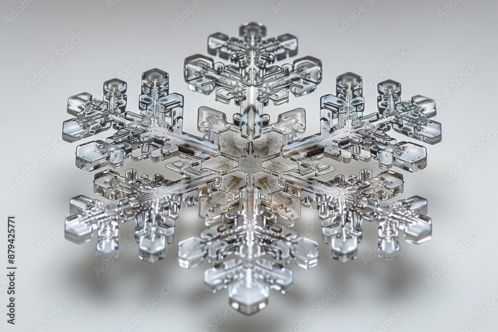 Macro photograph of single snowflake on pristine white backdrop. Intricate details and fragile crystalline structure.