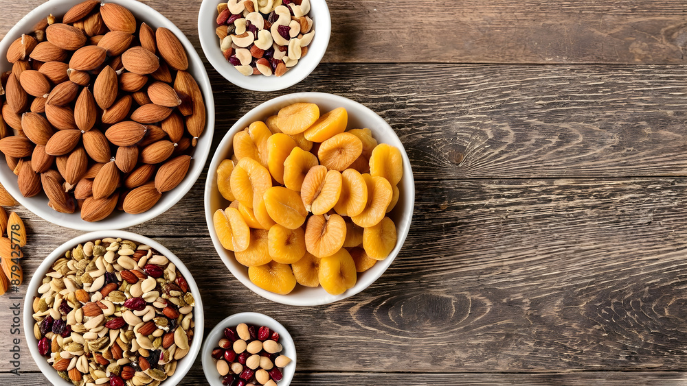 Different dry fruits in bowls on wooden table top side background Different dry fruits in bowls on wooden table top side background