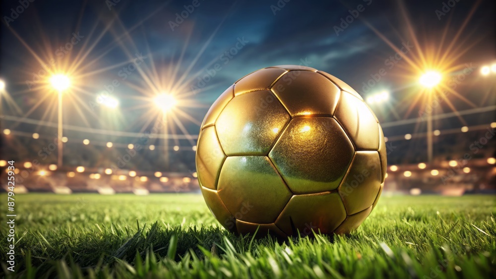 Fototapeta premium Shiny golden soccer ball isolated on a dark green grassy field with blurred stadium lights in the background.