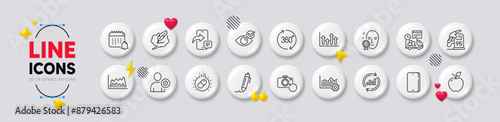 Delivery, Upper arrows and Capsule pill line icons. White buttons 3d icons. Pack of Apple, Signature, Recovery photo icon. Phone, Check eye, Security pictogram. Vector