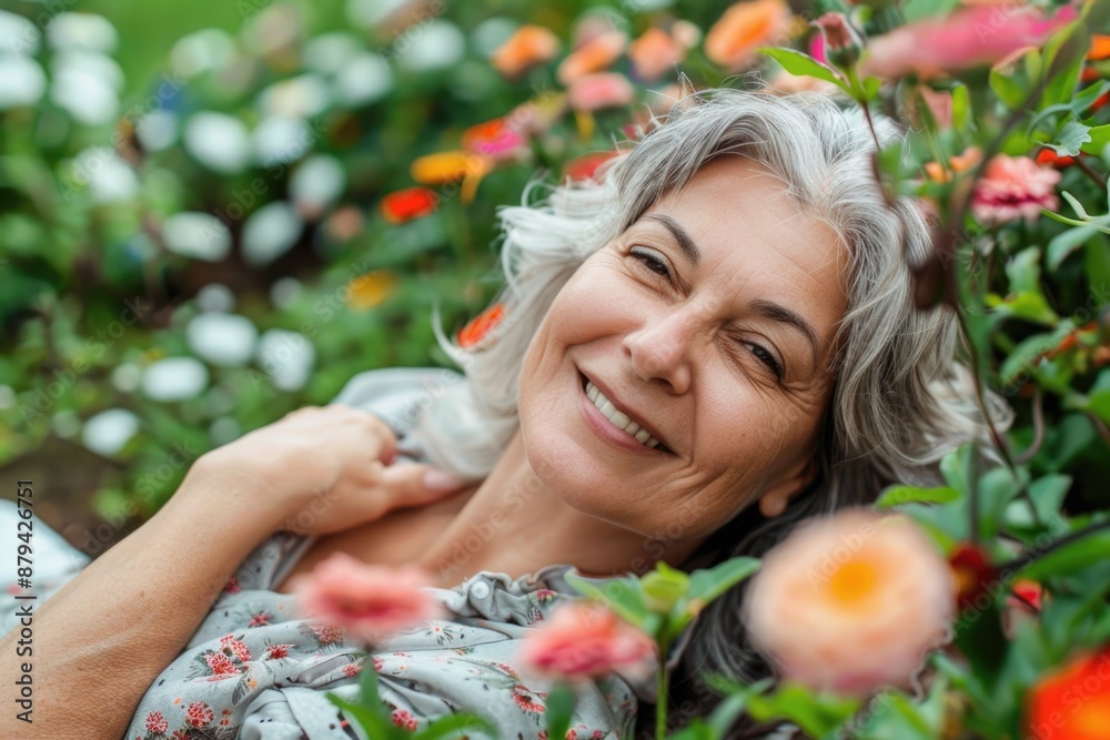 Fototapeta premium Mature Woman Relaxing in Garden Surrounded by Flowers, Copy Space Available