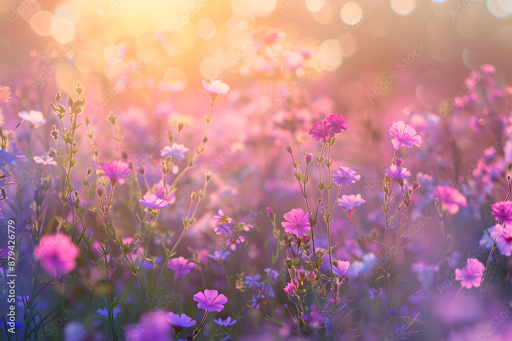 Colorful Meadow of Wild Flowers with Sunset Background Colorful Meadow of Wild Flowers with Sunset Background