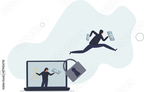Ransomware computer crime, hacker attack company network ask for money to unlock data via internet concept,.flat design.illustration with people.
