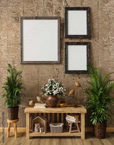 Mocap, template, simple rustic living room interior, wooden rough furniture, picture frame, poster, photo, potted flowers, decor, 3D rendering