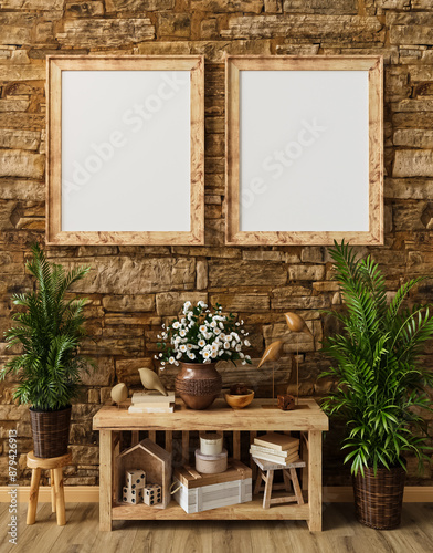 Mocap, template, simple rustic living room interior, wooden rough furniture, picture frame, poster, photo, potted flowers, decor, 3D rendering