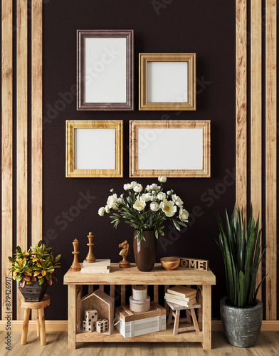 Mocap, template, simple rustic living room interior, wooden rough furniture, picture frame, poster, photo, potted flowers, decor, 3D rendering