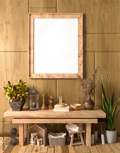 Mocap, template, simple rustic living room interior, wooden rough furniture, picture frame, poster, photo, potted flowers, decor, 3D rendering