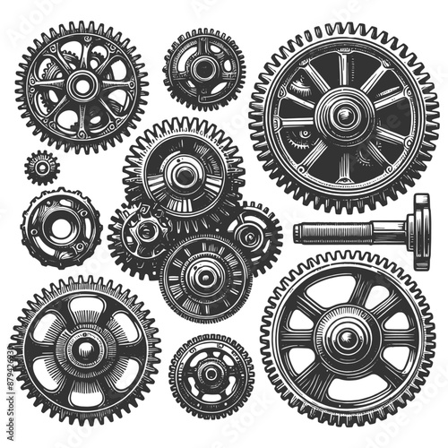various steampunk gears and mechanical components, intricate design and industrial aesthetics sketch engraving generative ai vector illustration. Scratch board imitation. Black and white image.