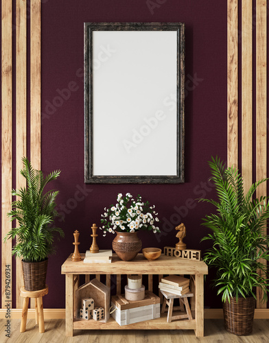 Mocap, template, simple rustic living room interior, wooden rough furniture, picture frame, poster, photo, potted flowers, decor, 3D rendering