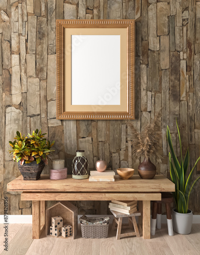 Mocap, template, simple rustic living room interior, wooden rough furniture, picture frame, poster, photo, potted flowers, decor, 3D rendering