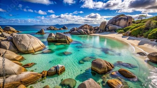 Serenely tranquil seascape featuring majestic rocks surrounded by calm turquoise pools of water on pristine white sandy beach shoreline.