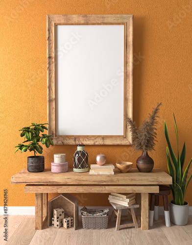 Mocap, template, simple rustic living room interior, wooden rough furniture, picture frame, poster, photo, potted flowers, decor, 3D rendering