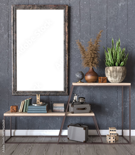 Mockup, beige, pastel living room interior in boho style, old frames, baguette stot on the floor, stool, flowers in a pot, decor, 3D rendering, template