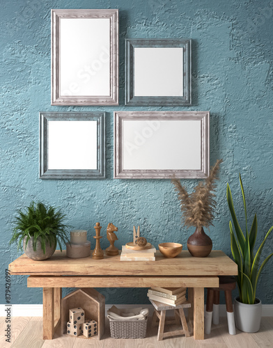 Mocap, template, simple rustic living room interior, wooden rough furniture, picture frame, poster, photo, potted flowers, decor, 3D rendering