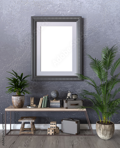 Mockup, beige, pastel living room interior in boho style, old frames, baguette stot on the floor, stool, flowers in a pot, decor, 3D rendering, template