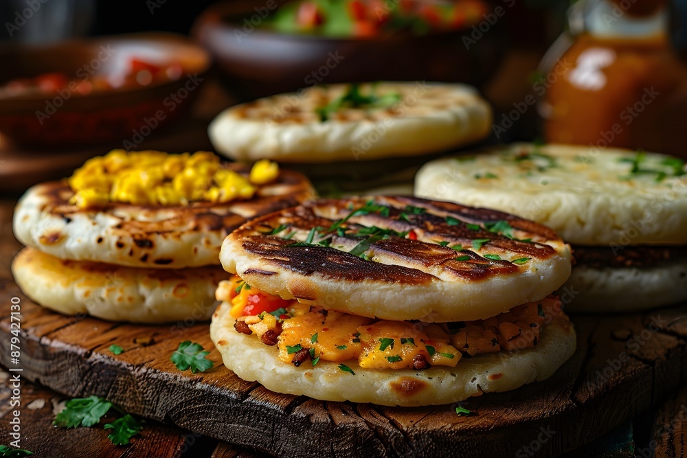 Delicious Pupusas with Various Fillings on a Rustic Wooden Board Delicious Pupusas with Various Fillings on a Rustic Wooden Board